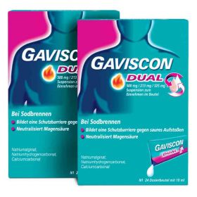 GAVISCON Dual 500 mg, 213 mg, 325 mg Susp. Dosierbeutel (2x24x10 ml) – PZN 8100155 из Германии