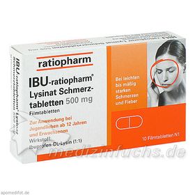 IBU-ratiopharm Lysinat Schmerztabletten 500mg, 10 ST – PZN 1224109 из Германии