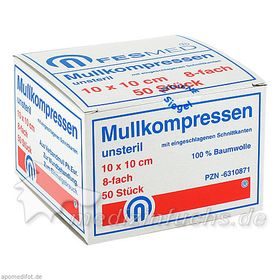 MULLKOMPRESSEN UNSTERIL 10X10 ES 8F, 50 ST – PZN 6310871 из Германии
