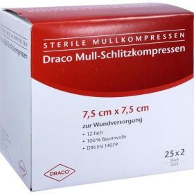 SCHLITZKOMPRESSE Mull 7.5x7.5cm 12fach steril Ausb, 25X2 ST – PZN 7574460 из Германии