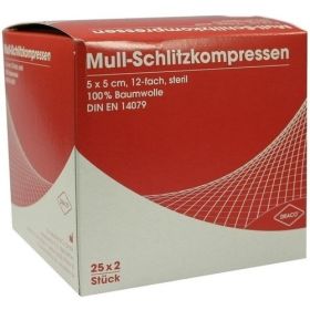 SCHLITZKOMPRESSE Mull 5x5cm 12fach steril Ausb, 25X2 ST – PZN 816204 из Германии